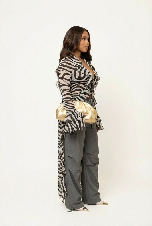 Women's Sheer Zebra Print Ruffle Blouse With Flared Sleeves Glam Top