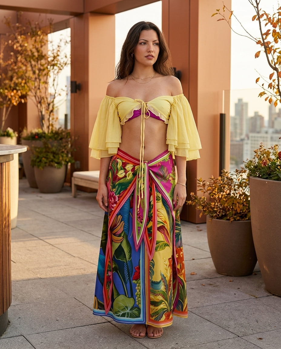 Butter Yellow Allure Evening Floral Short Set Butter Yellow Short Set with Relaxed Fit silhouette and Textured texture, front view product image for City Dinner, a gallery evening, Fall city dinners, cafe plans, gallery evenings, and polished weekend styl by floravincie
