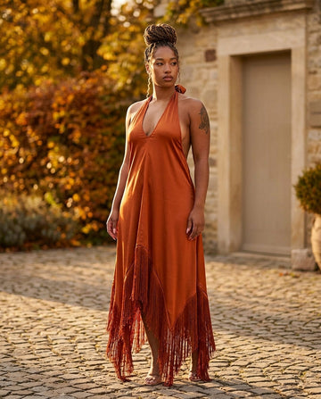 Rust Muse Wedding Guest Satin Maxi Dress Rust Maxi Dress with Relaxed Fit silhouette and Satin texture, front view product image for Wedding Guest, a fall city dinner, Fall late-summer to pre-fall transition: sell it as wearable now and still useful for A by floravincie