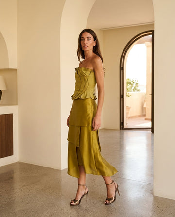 Olive Green Glow Wedding Guest Ruched Skirt Set Olive Green Skirt Set with Asymmetric silhouette and Satin texture, front view product image for Wedding Guest, an office-to-dinner transition, Fall current summer selling first with a light late-summer/pre- by floravincie
