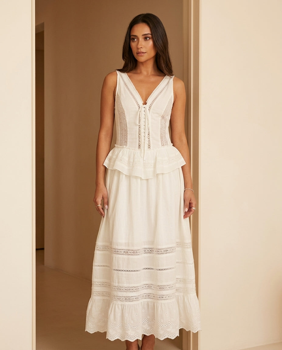 Ivory Lustre Wedding Guest Eyelet Maxi Dress Ivory Maxi Dress with Relaxed Fit silhouette and Textured texture, front view product image for Wedding Guest, a gallery evening, Fall current summer selling first with a light late-summer/pre-fall accent: make by floravincie
