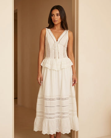 Ivory Lustre Wedding Guest Eyelet Maxi Dress Ivory Maxi Dress with Relaxed Fit silhouette and Textured texture, front view product image for Wedding Guest, a gallery evening, Fall current summer selling first with a light late-summer/pre-fall accent: make by floravincie