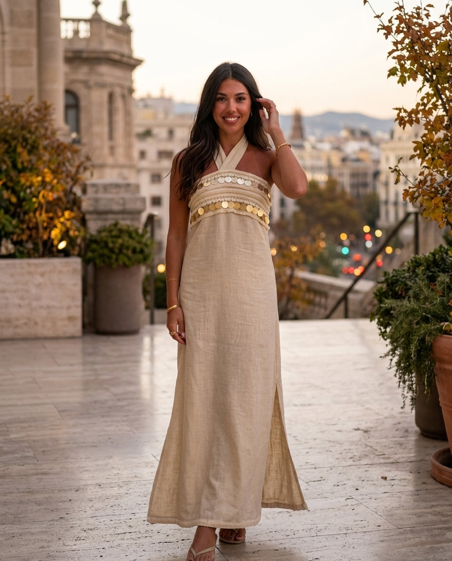 Sand Grace Evening Embroidered Maxi Dress Sand Maxi Dress with Relaxed Fit silhouette and Linen Blend texture, front view product image for City Dinner, a cafe plan, Fall city dinners, cafe plans, gallery evenings, and polished weekend styling, Euro Chic by floravincie