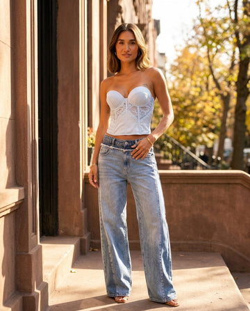 Light Blue Glow Evening Lace Two-Piece Set Light Blue Two-Piece Set with Cropped silhouette and Satin texture, front view product image for City Dinner, a gallery evening, Fall city dinners, cafe plans, gallery evenings, and polished weekend styling, US C by floravincie