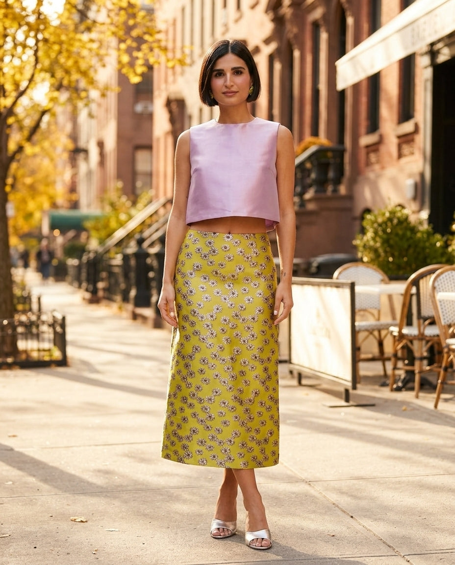 Pink Velvet Evening Floral Skirt Set Pink Skirt Set with Cropped silhouette and Satin texture, front view product image for City Dinner, an office-to-dinner transition, Fall city dinners, cafe plans, gallery evenings, and polished weekend styling, US Coas by floravincie
