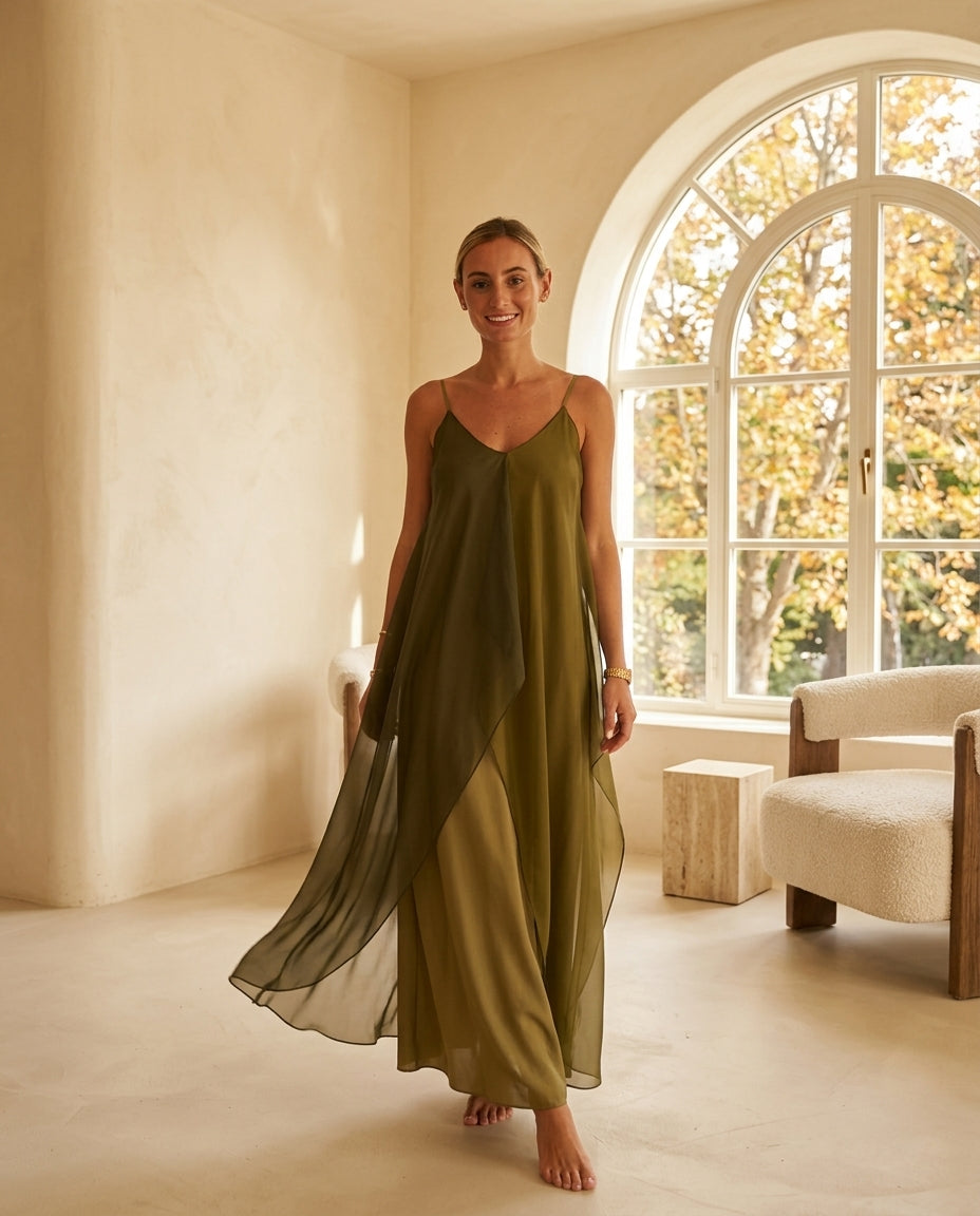 Olive Green Allure Evening Satin Maxi Dress Olive Green Maxi Dress with Asymmetric silhouette and Satin texture, front view product image for City Dinner, a gallery evening, Fall city dinners, cafe plans, gallery evenings, and polished weekend styling, US by floravincie