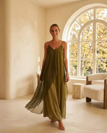 Olive Green Allure Evening Satin Maxi Dress Olive Green Maxi Dress with Asymmetric silhouette and Satin texture, front view product image for City Dinner, a gallery evening, Fall city dinners, cafe plans, gallery evenings, and polished weekend styling, US by floravincie