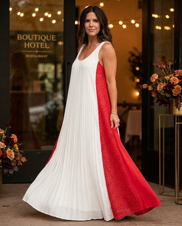 Red Glow Evening Lace Maxi Dress Red Maxi Dress with Relaxed Fit silhouette and Textured texture, front view product image for City Dinner, a fall city dinner, Fall city dinners, cafe plans, gallery evenings, and polished weekend styling, US Coastal Glam by floravincie