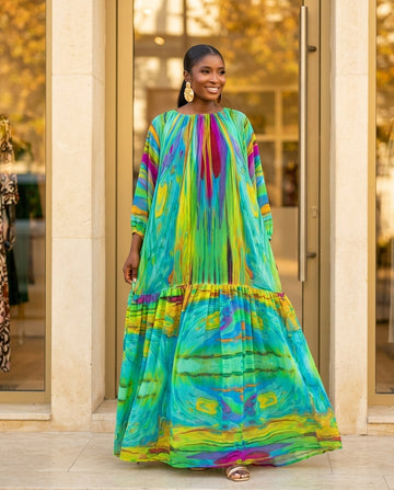 Sage Velvet Evening Abstract Print Maxi Dress Sage Maxi Dress with Relaxed Fit silhouette and Textured texture, front view product image for City Dinner, a cafe plan, Fall city dinners, cafe plans, gallery evenings, and polished weekend styling, US East / by floravincie