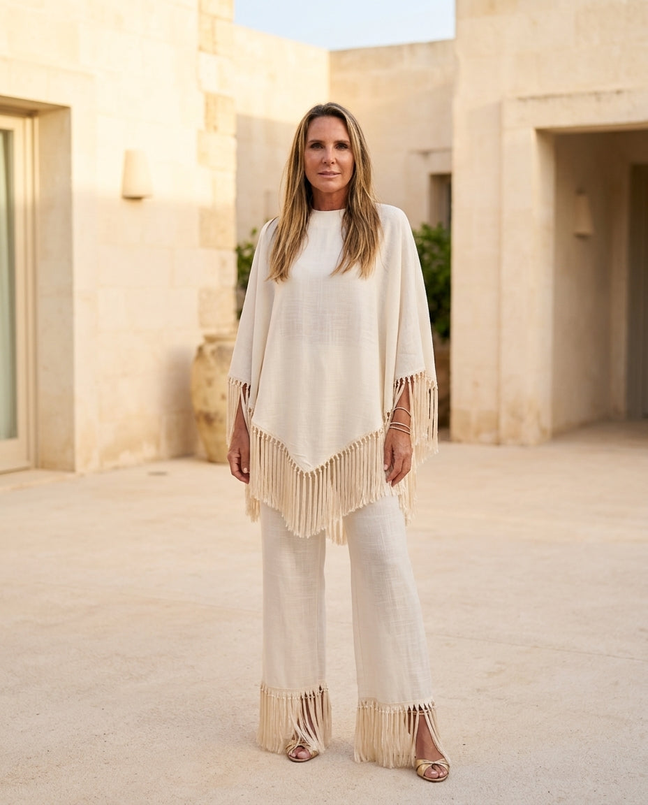 Ivory Glow Wedding Guest Linen Pant Set Ivory Pant Set with Wide-Leg silhouette and Linen Blend texture, front view product image for Wedding Guest, a cafe plan, Fall current summer selling first with a light late-summer/pre-fall accent: make it wearable by floravincie
