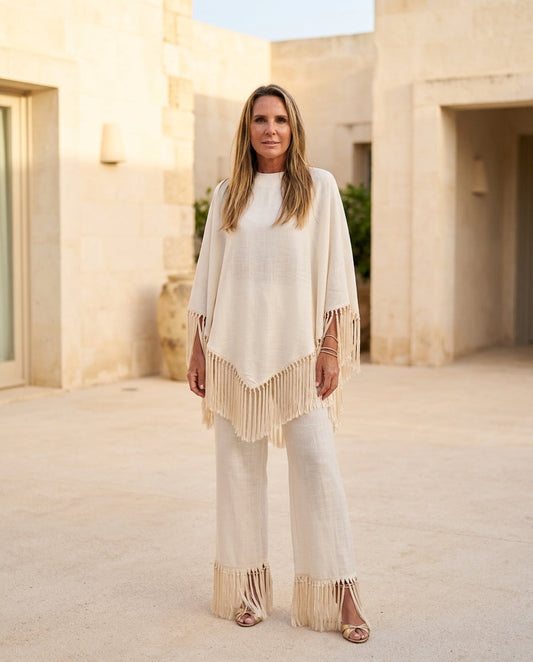 Ivory Glow Wedding Guest Linen Pant Set Ivory Pant Set with Wide-Leg silhouette and Linen Blend texture, front view product image for Wedding Guest, a cafe plan, Fall current summer selling first with a light late-summer/pre-fall accent: make it wearable by floravincie