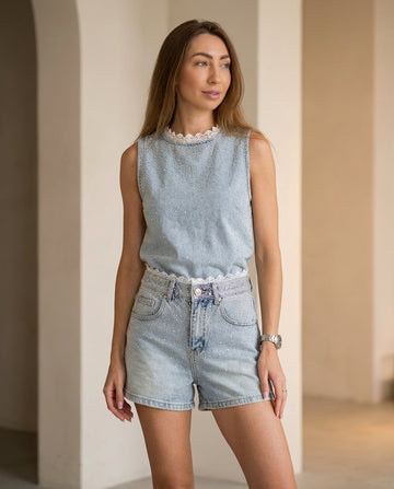 Light Wash Denim Lustre Wedding Guest Lace Short Set Light Wash Denim Short Set with Relaxed Fit silhouette and Textured texture, front view product image for Wedding Guest, a gallery evening, Fall current summer selling first with a light late-summer/pre by floravincie