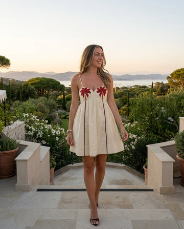 Ivory Lustre Wedding Guest Embroidered Mini Dress Ivory Mini Dress with Relaxed Fit silhouette and Linen Blend texture, front view product image for Wedding Guest, a gallery evening, Fall current summer selling first with a light late-summer/pre-fall acce by floravincie
