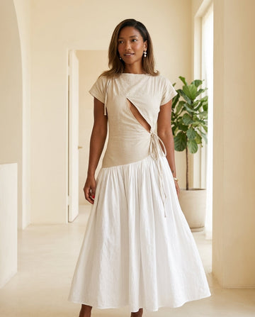 Sand Gleam Wedding Guest Linen Maxi Dress Sand Maxi Dress with Asymmetric silhouette and Linen Blend texture, front view product image for Wedding Guest, a fall city dinner, Fall current summer selling first with a light late-summer/pre-fall accent: make by floravincie