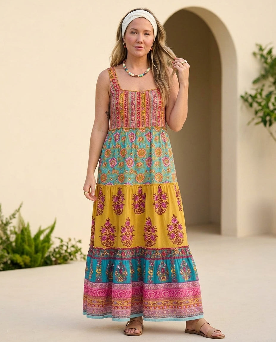 Butter Yellow Charm Wedding Guest Printed Maxi Dress Butter Yellow Maxi Dress with Relaxed Fit silhouette and Textured texture, front view product image for Wedding Guest, a cafe plan, Fall current summer selling first with a light late-summer/pre-fall ac by floravincie