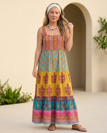 Butter Yellow Charm Wedding Guest Printed Maxi Dress Butter Yellow Maxi Dress with Relaxed Fit silhouette and Textured texture, front view product image for Wedding Guest, a cafe plan, Fall current summer selling first with a light late-summer/pre-fall ac by floravincie