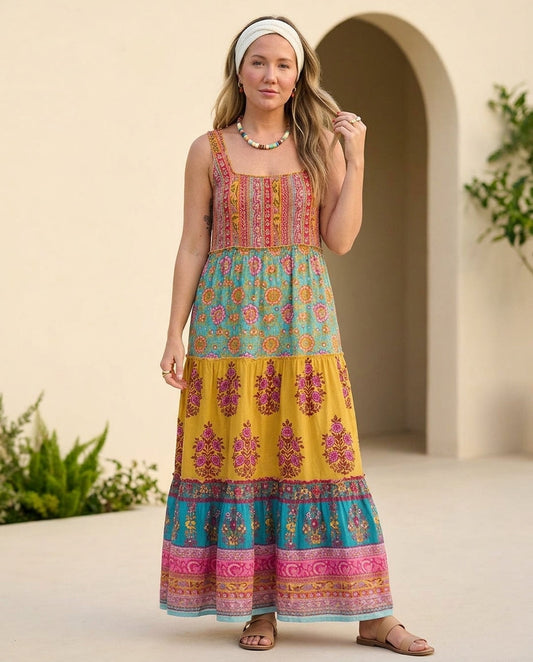 Butter Yellow Charm Wedding Guest Printed Maxi Dress Butter Yellow Maxi Dress with Relaxed Fit silhouette and Textured texture, front view product image for Wedding Guest, a cafe plan, Fall current summer selling first with a light late-summer/pre-fall ac by floravincie