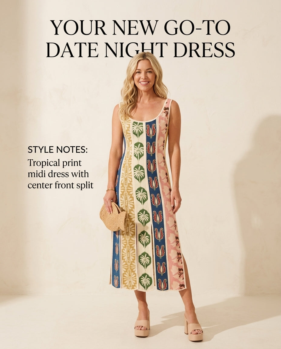 Ivory Lustre Wedding Guest Tropical Midi Dress Ivory Midi Dress with Flowing silhouette and Textured texture, front view product image for Wedding Guest, a fall city dinner, Fall current summer selling first with a light late-summer/pre-fall accent: make by floravincie