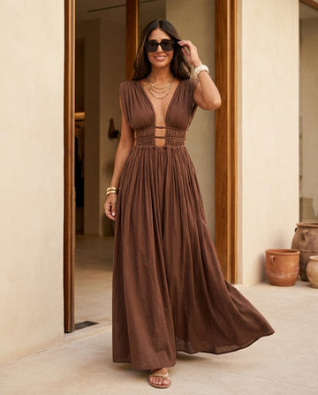 Brown Allure Wedding Guest Printed Maxi Dress Brown Maxi Dress with Relaxed Fit silhouette and Linen Blend texture, front view product image for Wedding Guest, a gallery evening, Fall current summer selling first with a light late-summer/pre-fall accent: by floravincie