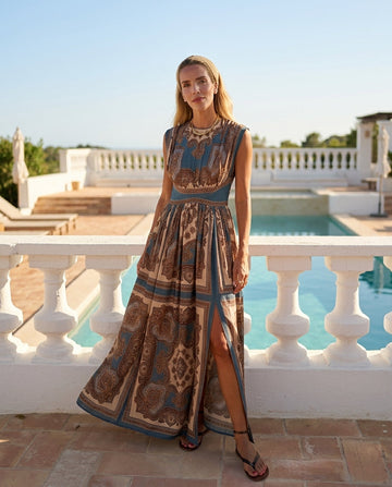 Teal Blue Glow Wedding Guest Printed Maxi Dress Teal Blue Maxi Dress with Relaxed Fit silhouette and Textured texture, front view product image for Wedding Guest, a fall city dinner, Fall current summer selling first with a light late-summer/pre-fall acce by floravincie