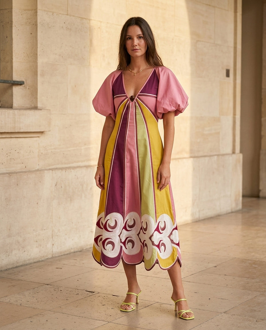 Pink Reverie Wedding Guest Embroidered Maxi Dress Pink Maxi Dress with Relaxed Fit silhouette and Textured texture, front view product image for Wedding Guest, a gallery evening, Fall current summer selling first with a light late-summer/pre-fall accent: by floravincie