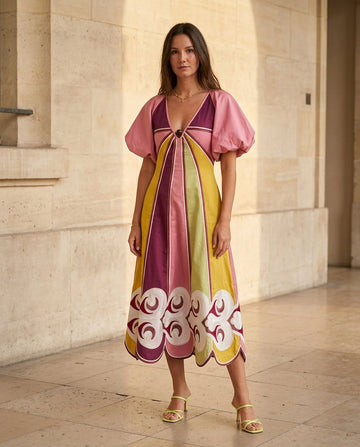Pink Reverie Wedding Guest Embroidered Maxi Dress Pink Maxi Dress with Relaxed Fit silhouette and Textured texture, front view product image for Wedding Guest, a gallery evening, Fall current summer selling first with a light late-summer/pre-fall accent: by floravincie