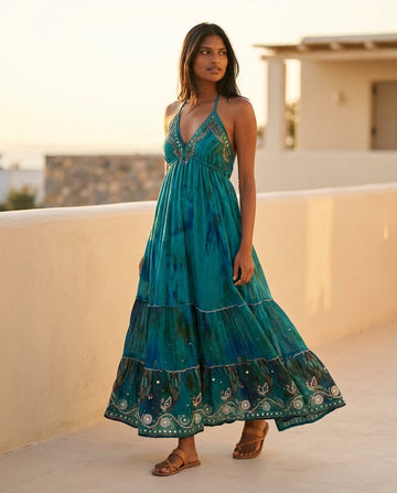 Teal Glow Wedding Guest Embroidered Maxi Dress Teal Maxi Dress with Relaxed Fit silhouette and Textured texture, front view product image for Wedding Guest, a fall city dinner, Fall current summer selling first with a light late-summer/pre-fall accent: ma by floravincie