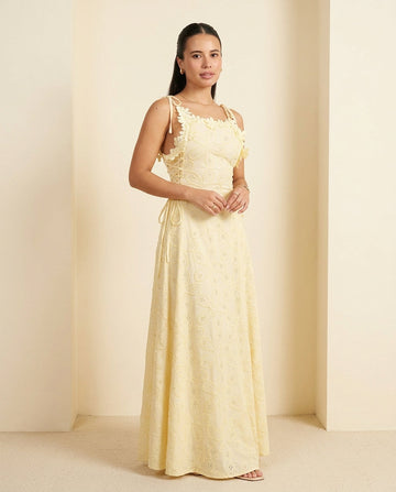 Light Yellow Velvet Wedding Guest Eyelet Maxi Dress Light Yellow Maxi Dress with Relaxed Fit silhouette and Textured texture, front view product image for Wedding Guest, a cafe plan, Fall current summer selling first with a light late-summer/pre-fall acce by floravincie