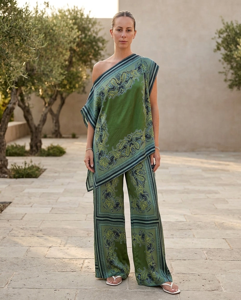 Sage Aura Wedding Guest Paisley Jumpsuit Sage Jumpsuit with Asymmetric silhouette and Satin texture, front view product image for Wedding Guest, a cafe plan, Fall current summer selling first with a light late-summer/pre-fall accent: make it wearable now by floravincie
