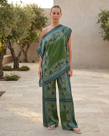 Sage Aura Wedding Guest Paisley Jumpsuit Sage Jumpsuit with Asymmetric silhouette and Satin texture, front view product image for Wedding Guest, a cafe plan, Fall current summer selling first with a light late-summer/pre-fall accent: make it wearable now by floravincie