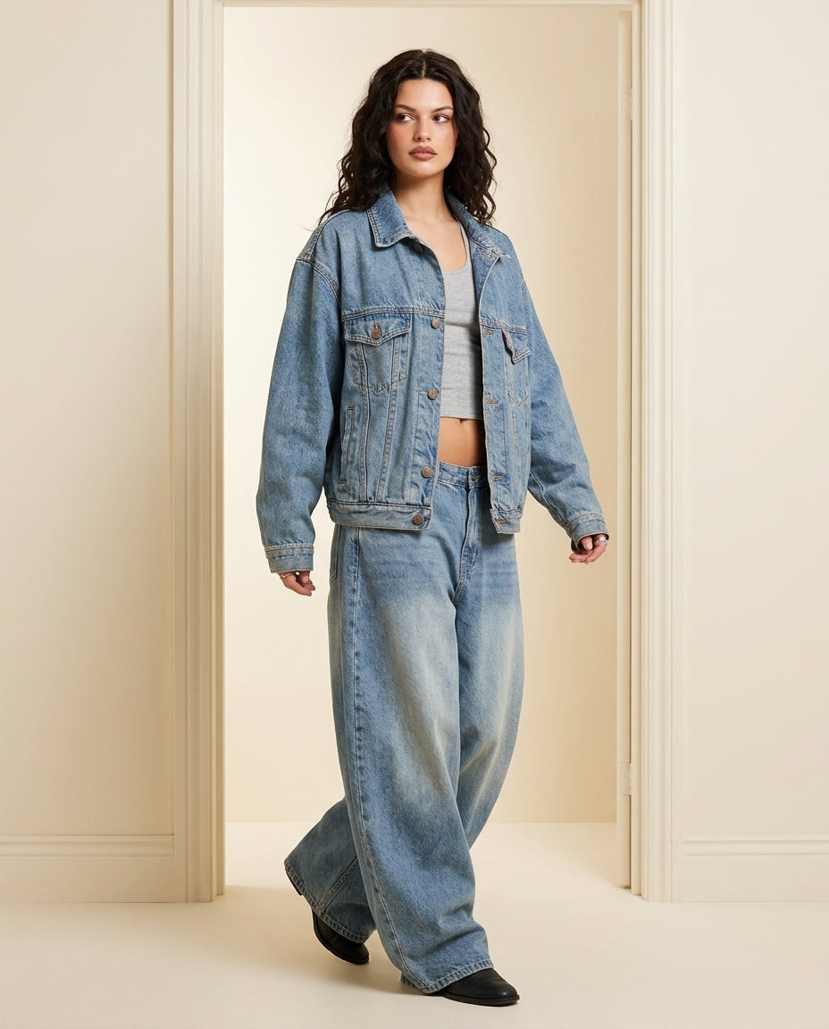 Denim Gleam Wedding Guest Jacket Denim Jacket with Wide-Leg silhouette and Textured texture, front view product image for Wedding Guest, a gallery evening, Fall current summer selling first with a light late-summer/pre-fall accent: make it wearable now fo by floravincie