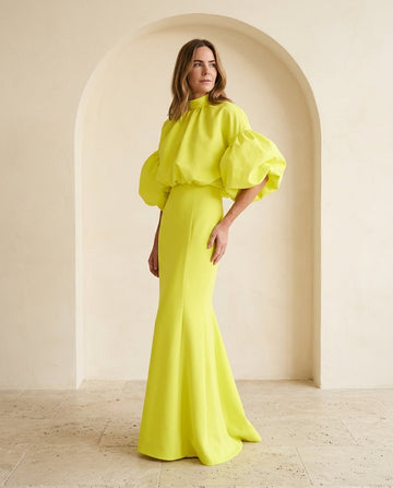 Neon Yellow Glow Wedding Guest Maxi Dress Neon Yellow Maxi Dress with Cropped silhouette and Textured texture, front view product image for Wedding Guest, a cafe plan, Fall current summer selling first with a light late-summer/pre-fall accent: make it wea by floravincie