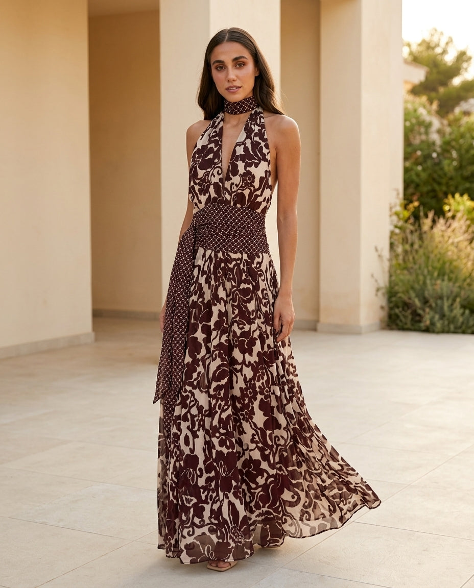 Burgundy Whisper Wedding Guest Floral Maxi Dress Burgundy Maxi Dress with Relaxed Fit silhouette and Textured texture, front view product image for Wedding Guest, an office-to-dinner transition, Fall current summer selling first with a light late-summer/p by floravincie