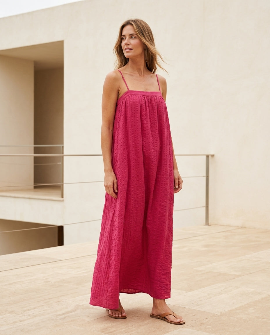 Fuchsia Gleam Wedding Guest Printed Maxi Dress Fuchsia Maxi Dress with Relaxed Fit silhouette and Satin texture, front view product image for Wedding Guest, a cafe plan, Fall current summer selling first with a light late-summer/pre-fall accent: make it w by floravincie