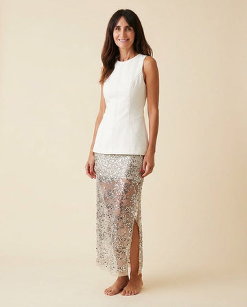 Ivory Muse Wedding Guest Sequin Skirt Set Ivory Skirt Set with Cropped silhouette and Textured texture, front view product image for Wedding Guest, a gallery evening, Fall current summer selling first with a light late-summer/pre-fall accent: make it wear by floravincie