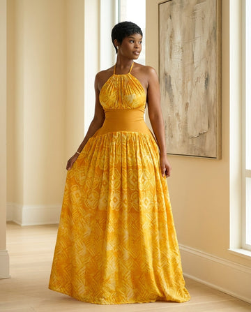 Butter Yellow Velvet Wedding Guest Abstract Print Maxi Dress Butter Yellow Maxi Dress with Flowing silhouette and Textured texture, front view product image for Wedding Guest, an office-to-dinner transition, Fall current summer selling first with a light by floravincie