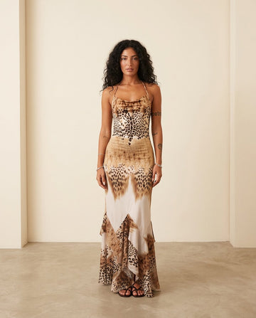 Brown Poise Wedding Guest Animal Print Maxi Dress Brown Maxi Dress with Asymmetric silhouette and Ribbed Knit texture, front view product image for Wedding Guest, an office-to-dinner transition, Fall current summer selling first with a light late-summer/p by floravincie