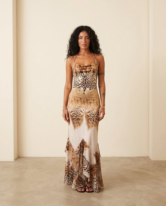 Brown Poise Wedding Guest Animal Print Maxi Dress Brown Maxi Dress with Asymmetric silhouette and Ribbed Knit texture, front view product image for Wedding Guest, an office-to-dinner transition, Fall current summer selling first with a light late-summer/p by floravincie