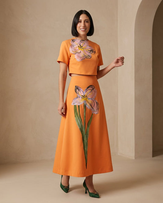 Orange Whisper Wedding Guest Floral Skirt Set Orange Skirt Set with Asymmetric silhouette and Textured texture, front view product image for Wedding Guest, a gallery evening, Fall current summer selling first with a light late-summer/pre-fall accent: make by floravincie