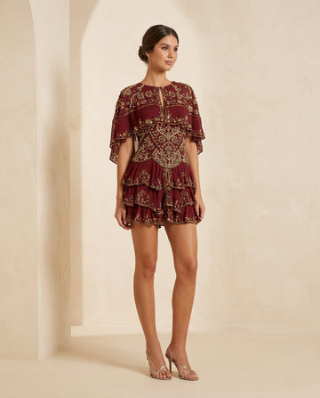 Burgundy Bloom Wedding Guest Embroidered Romper Burgundy Romper with Relaxed Fit silhouette and Textured texture, front view product image for Wedding Guest, a fall city dinner, Fall current summer selling first with a light late-summer/pre-fall accent: m by floravincie