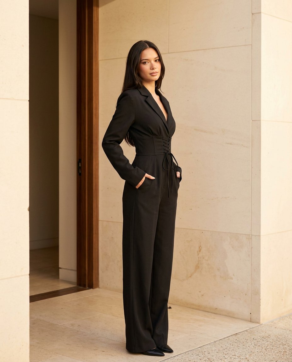 Black Bloom Wedding Guest Textured Jumpsuit Black Jumpsuit with Wide-Leg silhouette and Textured texture, front view product image for Wedding Guest, a cafe plan, Fall current summer selling first with a light late-summer/pre-fall accent: make it wearable by floravincie