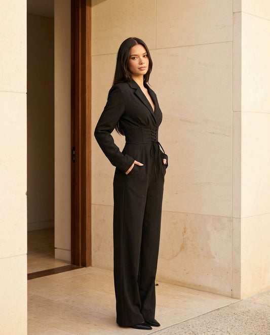 Black Bloom Wedding Guest Textured Jumpsuit Black Jumpsuit with Wide-Leg silhouette and Textured texture, front view product image for Wedding Guest, a cafe plan, Fall current summer selling first with a light late-summer/pre-fall accent: make it wearable by floravincie