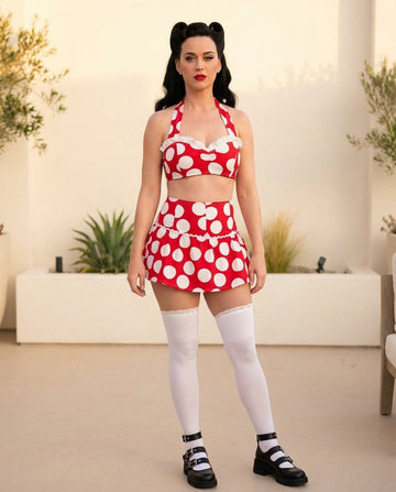 Red Gleam Wedding Guest Polka Dot Skirt Set Red Skirt Set with Cropped silhouette and Textured texture, front view product image for Wedding Guest, a gallery evening, Fall current summer selling first with a light late-summer/pre-fall accent: make it wear by floravincie