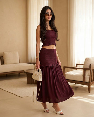Burgundy Bloom Resort Printed Skirt Set Burgundy Skirt Set with Cropped silhouette and Linen Blend texture, front view product image for Resort Wear, a gallery opening in Paris, Euro Chic Premium