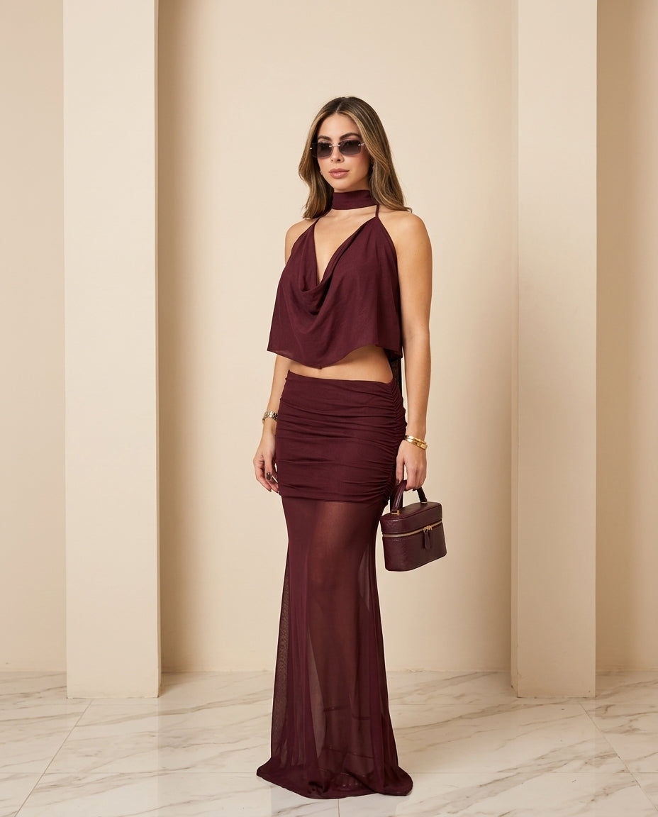 Burgundy Muse Evening Ruched Skirt Set Burgundy Skirt Set with Asymmetric silhouette and Textured texture, front view product image for Date Night, an estate dinner at golden hour, US East / Hamptons Elite