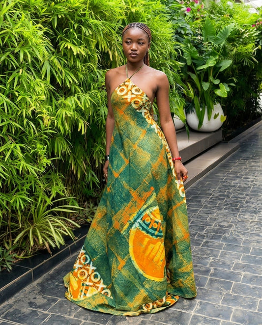 Sage Velvet Resort Abstract Print Maxi Dress Sage Maxi Dress with Relaxed Fit silhouette and Textured texture, front view product image for Resort Wear, a polished coastal brunch, US East / Hamptons Elite