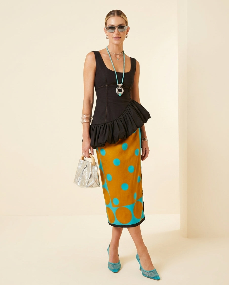 Black Allure Summer Polka Dot Skirt Set Black Skirt Set with Relaxed Fit silhouette and Textured texture, front view product image for Vacation Set, a gallery opening in Paris, Euro Chic Premium