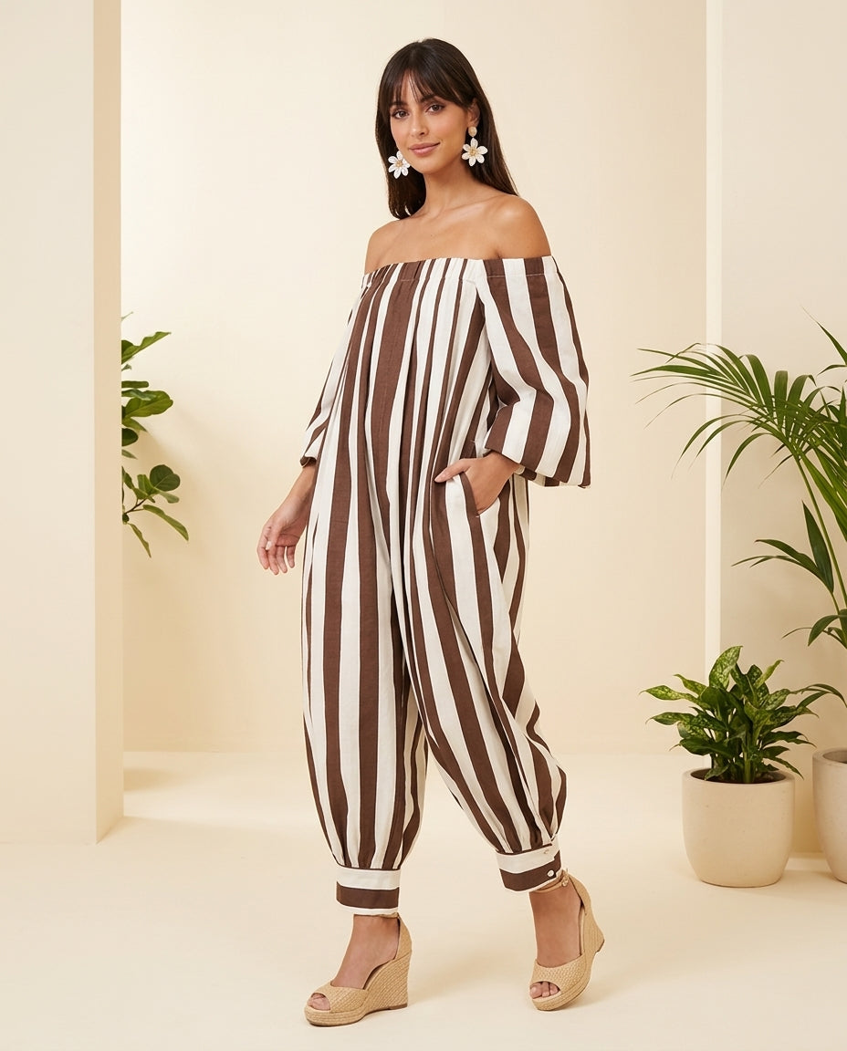 Brown Aura Resort Striped Jumpsuit Brown Jumpsuit with Wide-Leg silhouette and Linen Blend texture, front view product image for Resort Wear, a private garden lunch, US East / Hamptons Elite