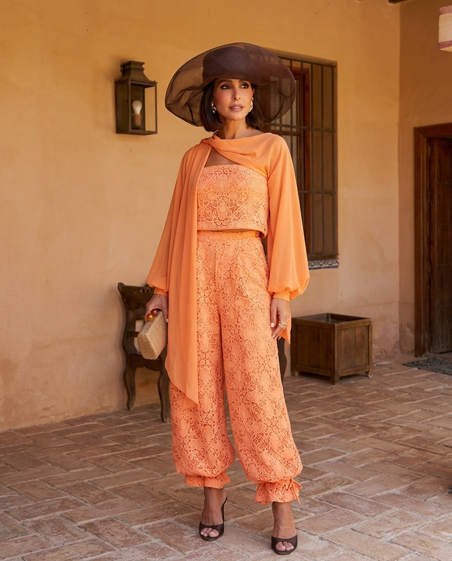 Orange Grace Summer Lace Jacket Orange Jacket with Wide-Leg silhouette and Textured texture, front view product image for Business Casual, Evening in Amalfi, Euro Chic Premium