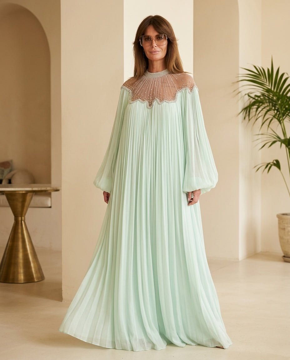 Mint Green Lustre Resort Pleated Romper Mint Green Romper with Relaxed Fit silhouette and Textured texture, front view product image for Resort Wear, an estate dinner at golden hour, US East / Hamptons Elite